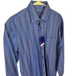 Alan Flusser Mens Blue Striped Long Sleeve Button Up Shirt Medium 100% Cotton